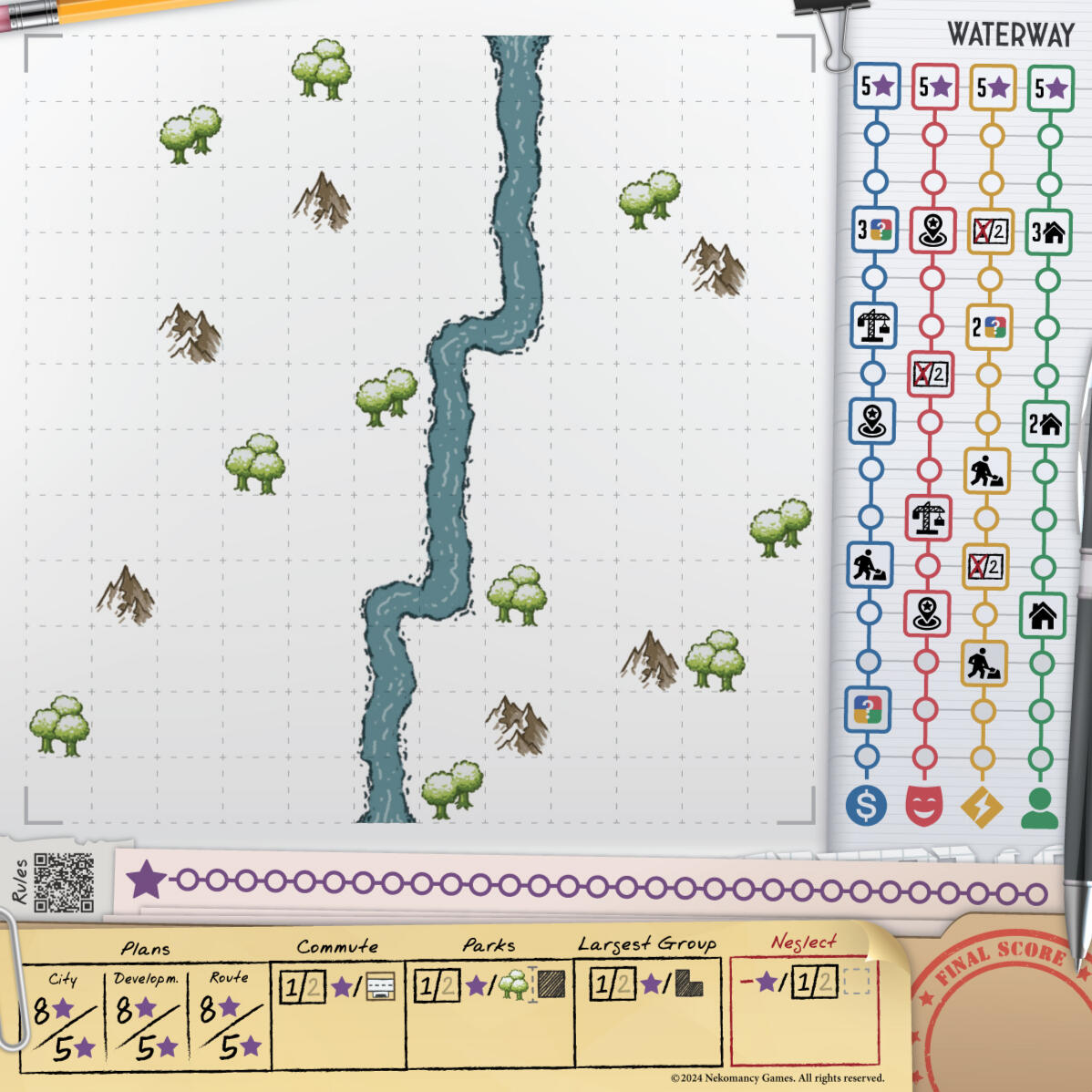 The Waterway Map is a low-complexity map that focuses on the core mechanics of Scribble City. It features scoring bonuses that reward players who build thoughtfully. Recommended for players who enjoy combos and light interaction.