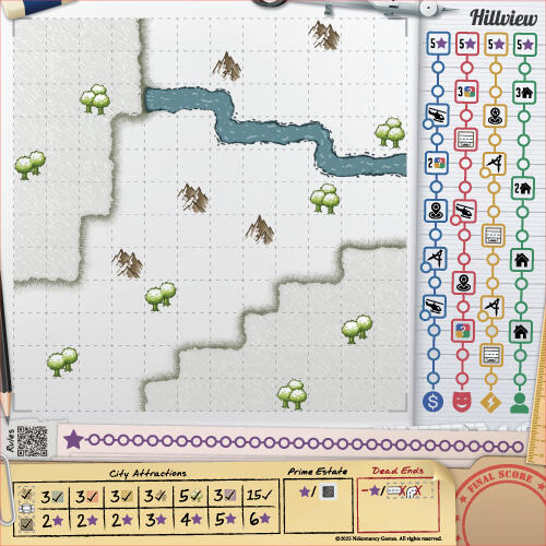 The Hillview Map is a medium-complexity map that challenges players to build bus routes across their city. It introduces hills, a new feature type, and triggered rewards. Recommended for players who enjoy optimization puzzles.