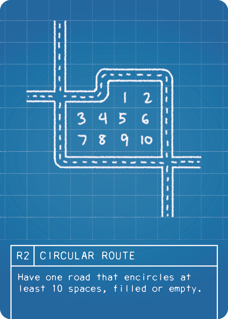 (R2) CIRCULAR ROAD: Have one road that encircles at least 10 spaces, filled or empty. The road must be a single, unbroken road. Spaces skipped by Tunnels are not counted. Roads that are adjacent but not connected are not counted.