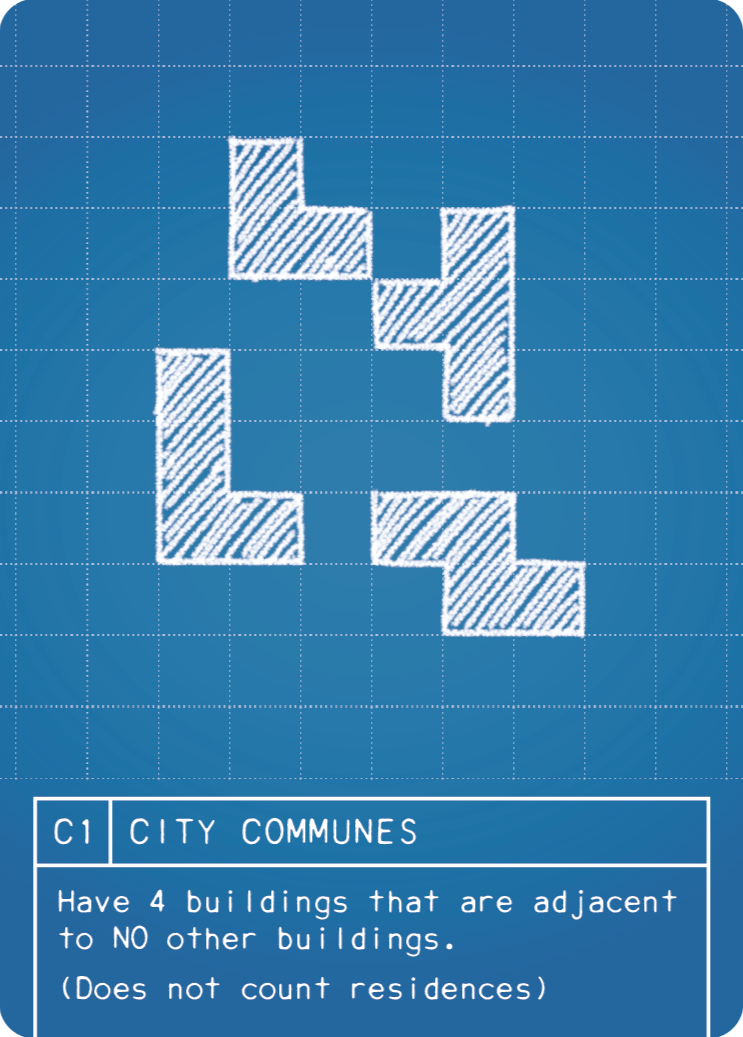 (C1) CITY COMMUNES: Have 4 buildings that are adjacent to NO other buildings. Residences (drawn in green) are not counted for this plan, nor does their adjacency affect other buildings. Adjacency is only counted orthogonally, not diagonally.