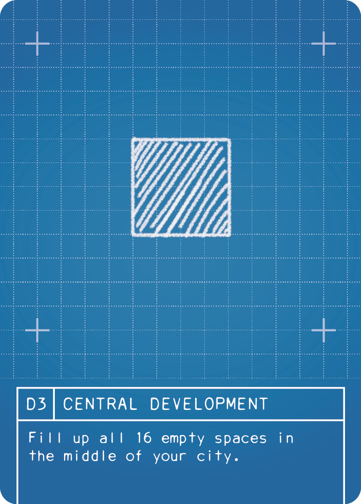 (D3) CENTRAL DEVELOPMENT: Fill up all 16 empty spaces in the middle of your city. Empty spaces are those that do not contain buildings, roads or features. The 16 spaces constitute the 4 by 4 grid of spaces in the middle of your city.