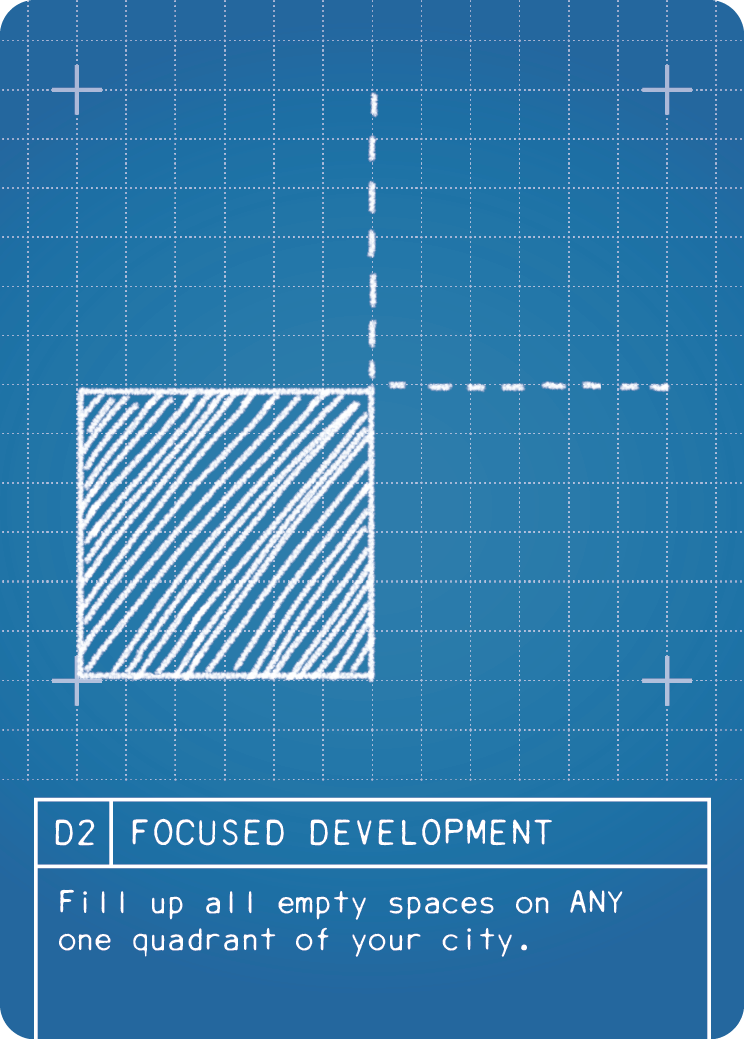 (D2) FOCUSED DEVELOPMENT: Fill up all empty spaces on ANY one quadrant of your city. Empty spaces are those that do not contain buildings, roads or features. A quadrant is a 6 by 6 square area of spaces touching any corner of your city.