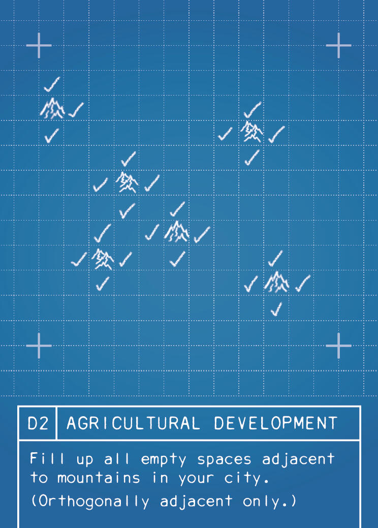 (D2) AGRICULTURAL DEVELOPMENT: Fill up all empty spaces adjacent to mountains in your city. Only orthogonally adjacent spaces are counted for this plan.