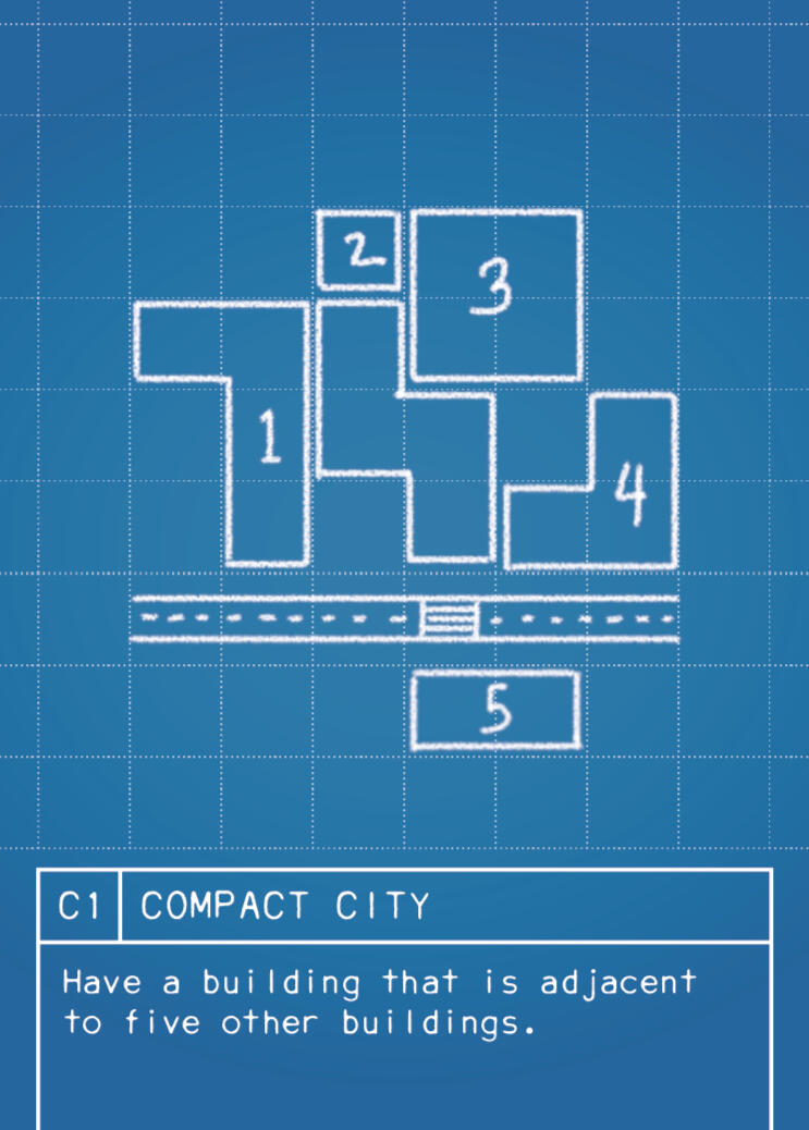 (C1) COMPACT CITY: Have a building that is adjacent to five other buildings. Adjacency is only counted orthogonally. Buildings that are adjacent to crossings are also adjacent to each other.