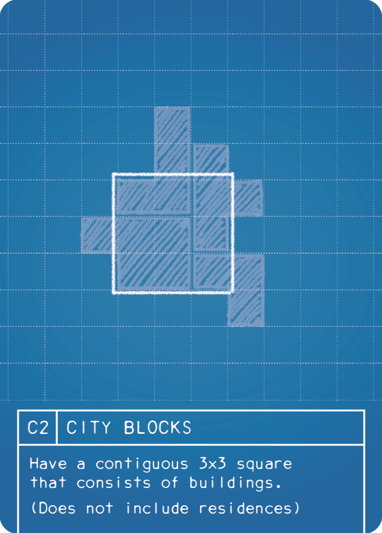 (C2) CITY BLOCKS: Have a contiguous 3x3 square that consists of buildings. Residences (drawn in green) are not counted for this plan. Otherwise, the number or type of buildings used does not matter, so long as there is a 3x3 square of 9 spaces.
