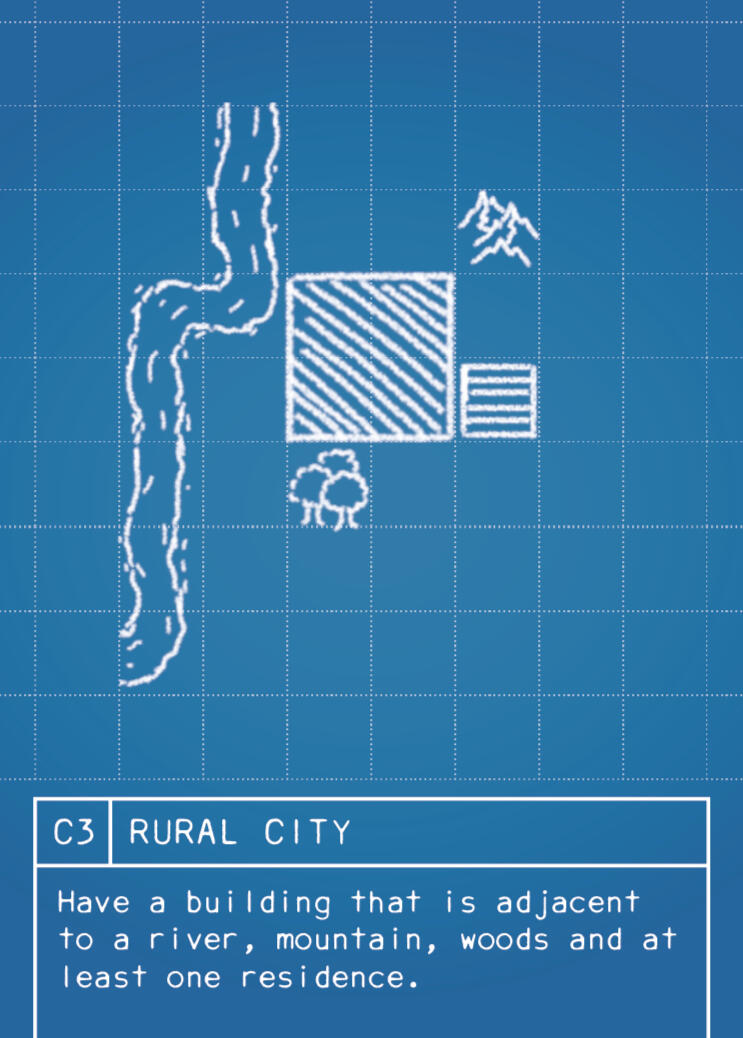 (C3) RURAL CITY: Have a building that is adjacent to a river, mountain, woods and at least one residence. Adjacency is only counted orthogonally. Buildings and Features that are adjacent to crossings are also adjacent to each othe