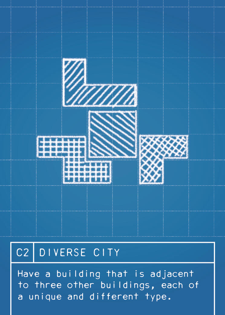 (C2) DIVERSE CITY: Have a building that is adjacent to three other buildings, each of a unique and different type. Adjacency is only counted orthogonally. Buildings that are adjacent to crossings are also adjacent to each other.